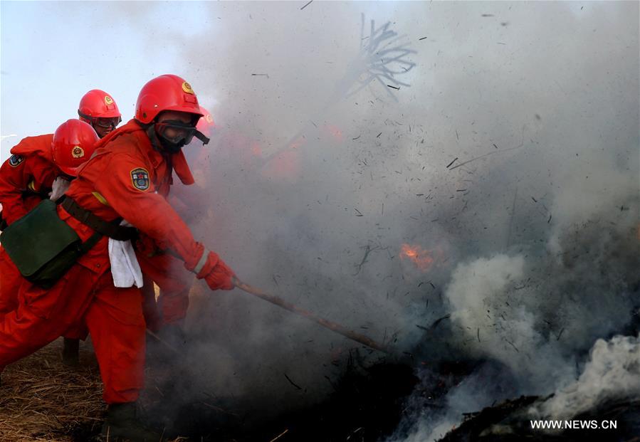Soldiers take part in a fire drill at a forest zone in Xixiang Township, Xichang City of southwest China's Sichuan Province, Feb. 16, 2016. 