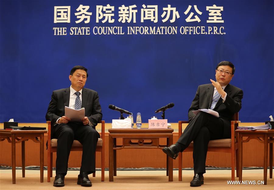 China's Minister of Environmental Protection Chen Jining speaks during a press conference on environmental protection in Beijing, capital of China, Feb. 18, 2016