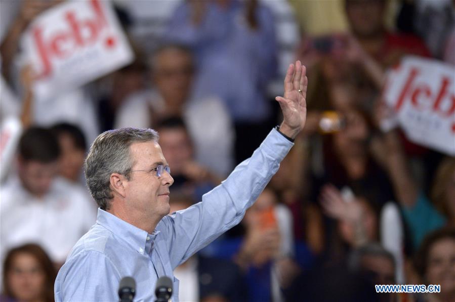 WASHINGTON D.C., Feb. 21, 2016 (Xinhua) -- File photo taken on June 15, 2015 shows U.S. Former Florida Governor Jeb Bush announcing his bid for the Republican presidential nomination at Kendall campus of Miami Dade College in Miami, Florida, the United States. Jeb Bush on Saturday withdrew from his race for the White House after he lost the South Carolina primary. (Xinhua/Yin Bogu) 