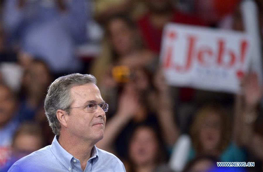 WASHINGTON D.C., Feb. 21, 2016 (Xinhua) -- File photo taken on June 15, 2015 shows U.S. Former Florida Governor Jeb Bush announcing his bid for the Republican presidential nomination at Kendall campus of Miami Dade College in Miami, Florida, the United States. Jeb Bush on Saturday withdrew from his race for the White House after he lost the South Carolina primary. (Xinhua/Yin Bogu) 