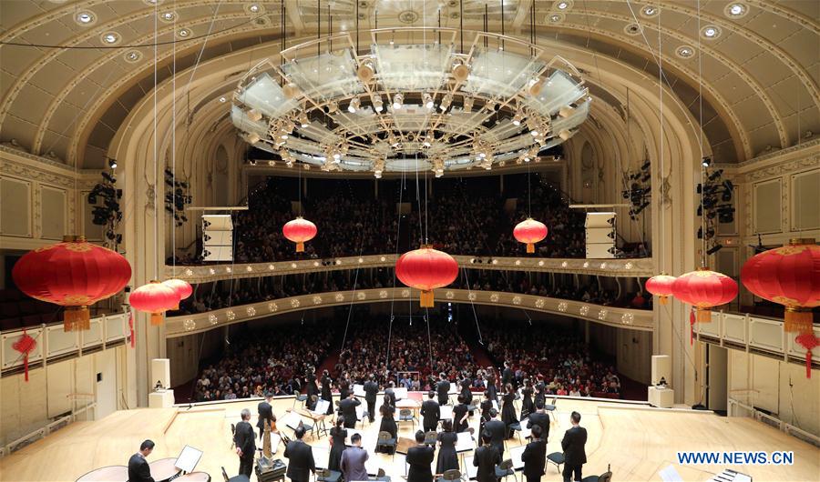 China Radio Nationalities Orchestra performs during a concert at the Symphony Center of Chicago in Chicago, the United States, Feb. 21, 2016. 