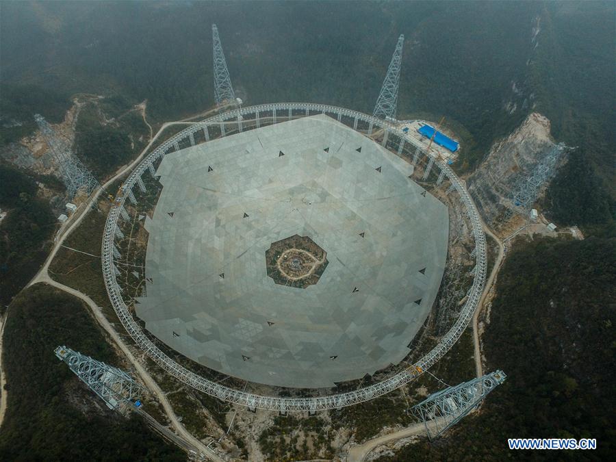 Photo taken on March 9, 2016 shows an aerial view of the assembly site of the single-aperture spherical telescope 'FAST' in Pingtang County, southwest China's Guizhou Province.