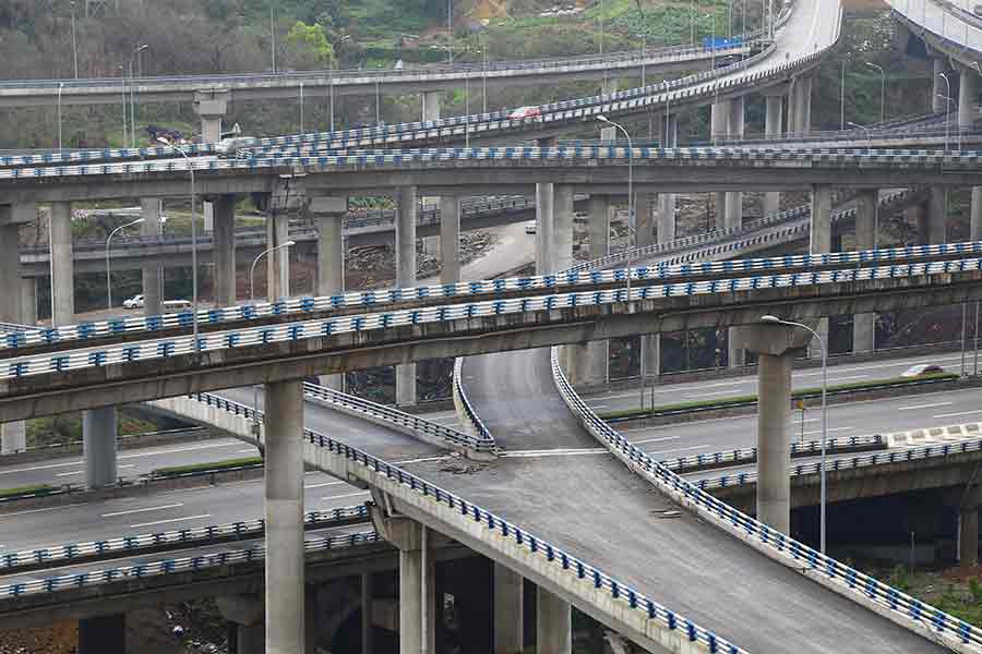 A five-level cloverleaf with 15 ramps is erected in the downtown area of Southwest China's Chongqing, March 10, 2016.