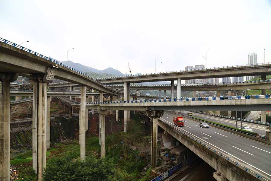 A five-level cloverleaf with 15 ramps is erected in the downtown area of Southwest China's Chongqing, March 10, 2016.