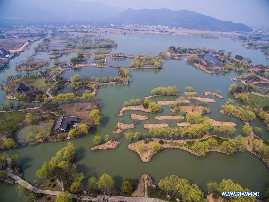 A sightseeing boat sails on water at a wetland by the Taihu Lake in Changxing County, est China's Zhejiang Province, March 16, 2016. 