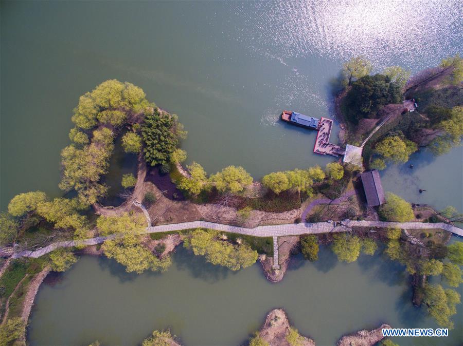 A sightseeing boat sails on water at a wetland by the Taihu Lake in Changxing County, est China's Zhejiang Province, March 16, 2016. 