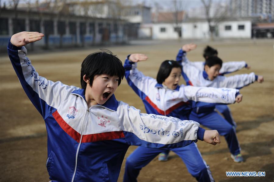 Pupils of Dongqu Primary School exercise martial art in Xinglong County of Chengde City, north China's Hebei Province, March 16, 2016. 