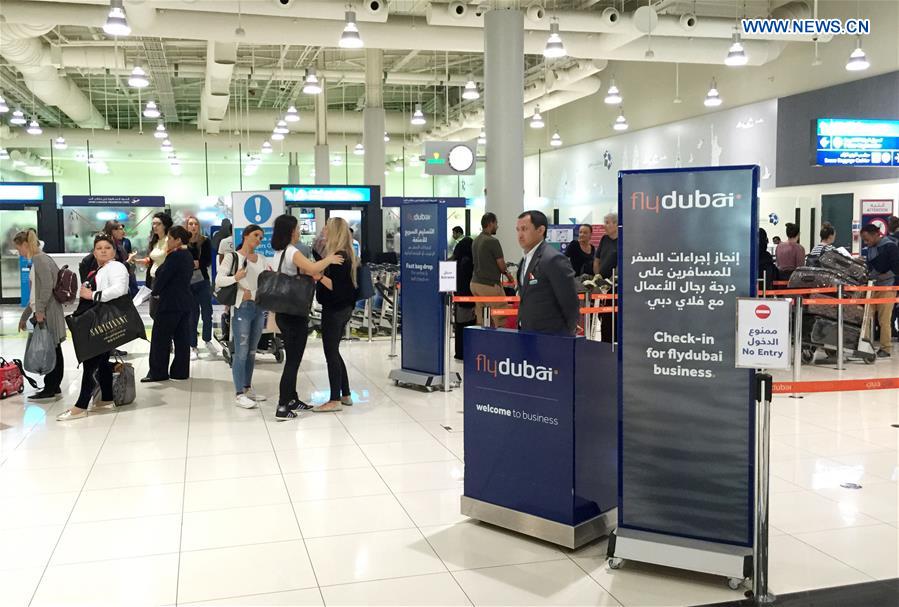 The check-in desk of Flydubai is seen at the International Airport of Dubai, the United Arab Emirates (UAE), March 19, 2016.