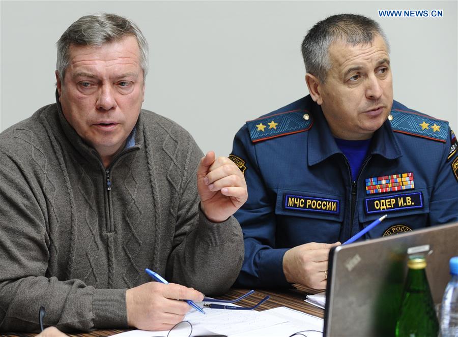 Governor of Rostov Region Vasily Golubev (L) attends an emergency meeting in Rostov-on-Don, southwestern Russia, March 19, 2016. 