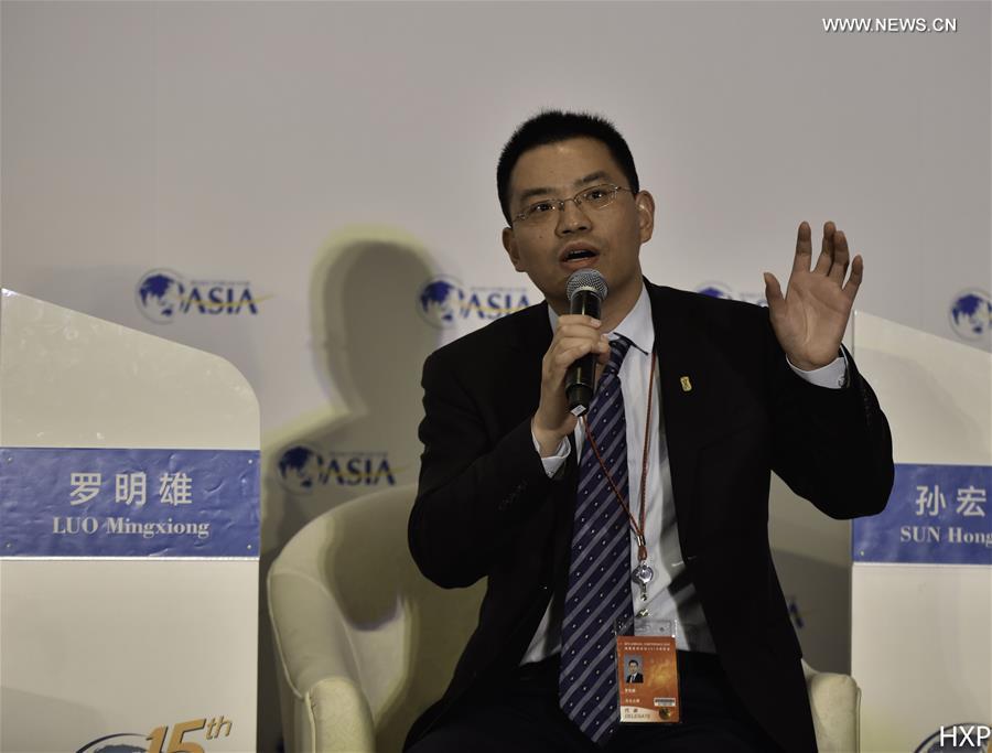 Luo Mingxiong, CEO of North Financial, speaks at a sub-forum with the theme of 'The Rise of Crowdfunding' during the 2016 Boao Forum for Asia (BFA) in Boao, south China's Hainan Province, March 22, 2016. 