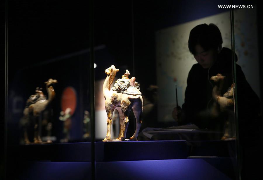 A visitor looks at a tri-colored glazed pottery work is seen displayed at an exhibition in Shaanxi History Museum in Xi'an, capital of northwest China's Shaanxi Province, March 23, 2016.