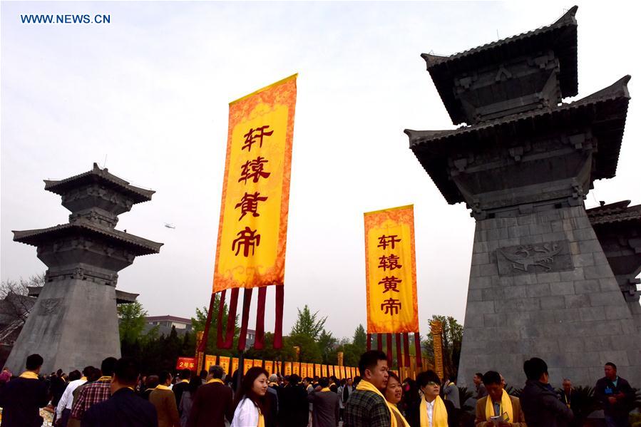 An ancestor worship grand ceremony in honor of Huangdi, the Yellow Emperor, is held at mausoleums in Xinzheng, central China's Henan Province, Huangdi's birth place, on April 9, 2016, the third day of the third month on the Chinese lunar calendar, which is considered the birthday of Huangdi.