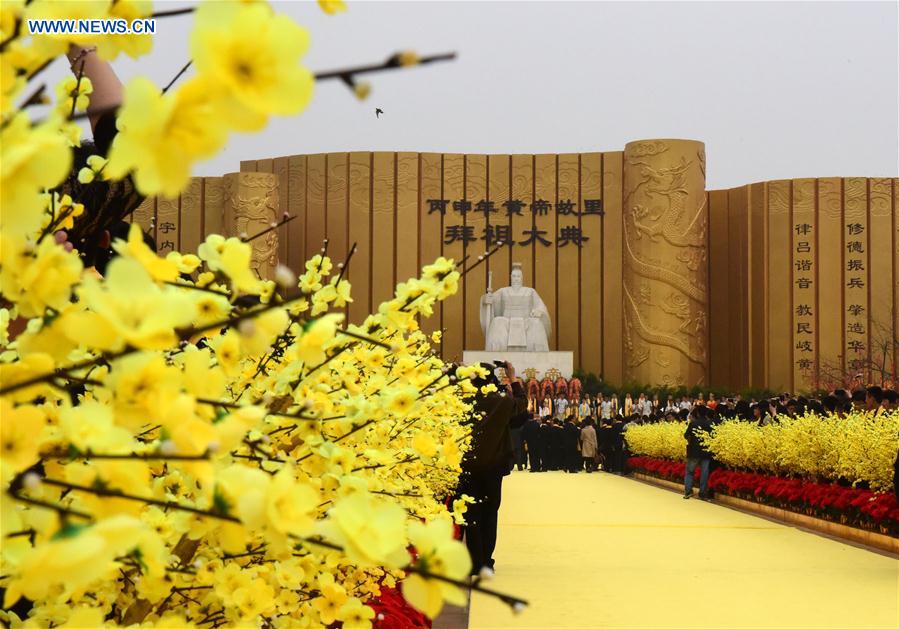 An ancestor worship grand ceremony in honor of Huangdi, the Yellow Emperor, is held at mausoleums in Xinzheng, central China's Henan Province, Huangdi's birth place, on April 9, 2016, the third day of the third month on the Chinese lunar calendar, which is considered the birthday of Huangdi.