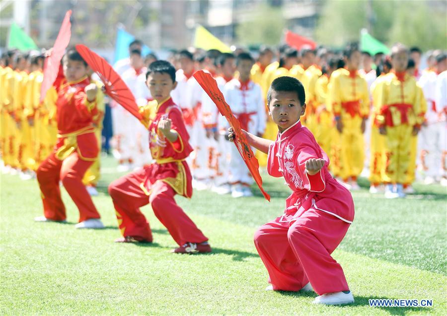 Pupils exercise with Taiji fans at the Yixingbu No. 1 Primary School in Tianjin, north China, April 14, 2016. 