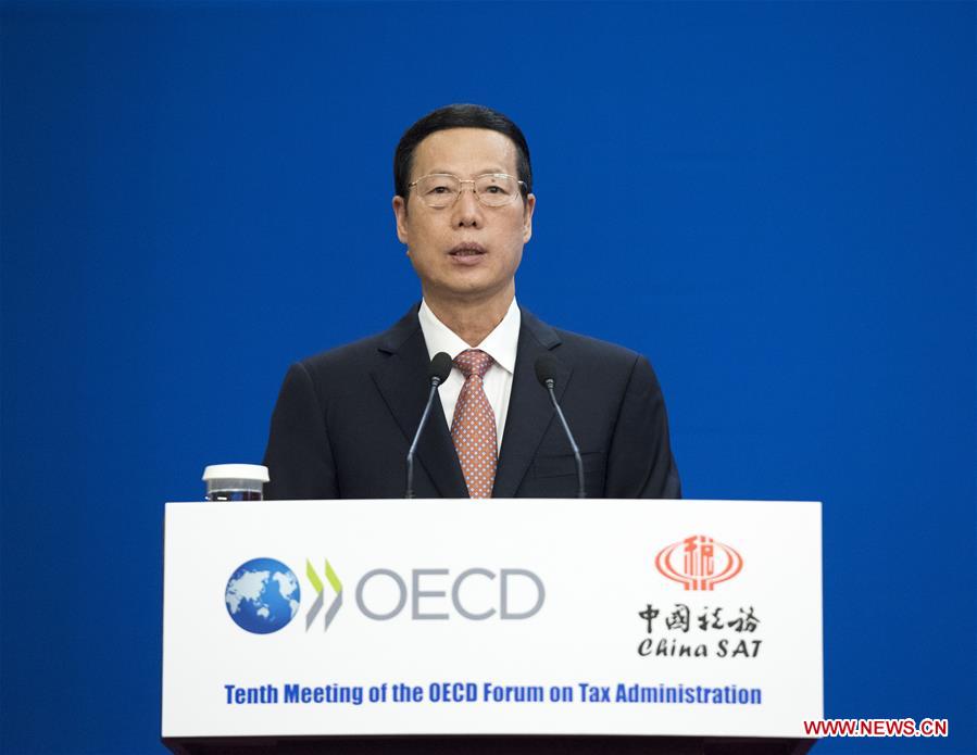 Chinese Vice Premier Zhang Gaoli addresses the opening ceremony of the Tenth Meeting of the OECD Forum on Tax Administration in Beijing, China, May 11, 2016