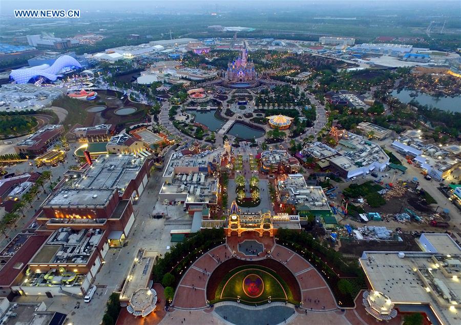 This aerial photo taken on May 8, 2016 shows the lighting view of the Disneyland in Shanghai, east China.