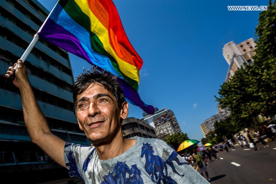 A man takes part in a march against homophobia, in Havana, capital of Cuba, on May 14, 2016.