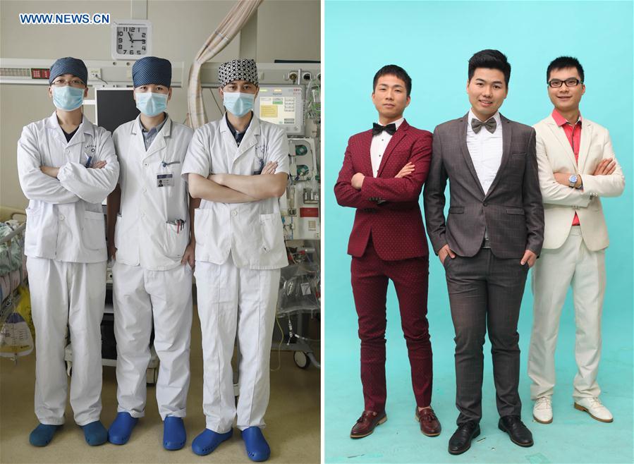  (Combo) Nurse Yang Rui (C) poses for a group photo with his colleagues at the Third Xiangya Hospital of Central South University in Changsha, capital of central China's Hunan Province, May 10, 2016.