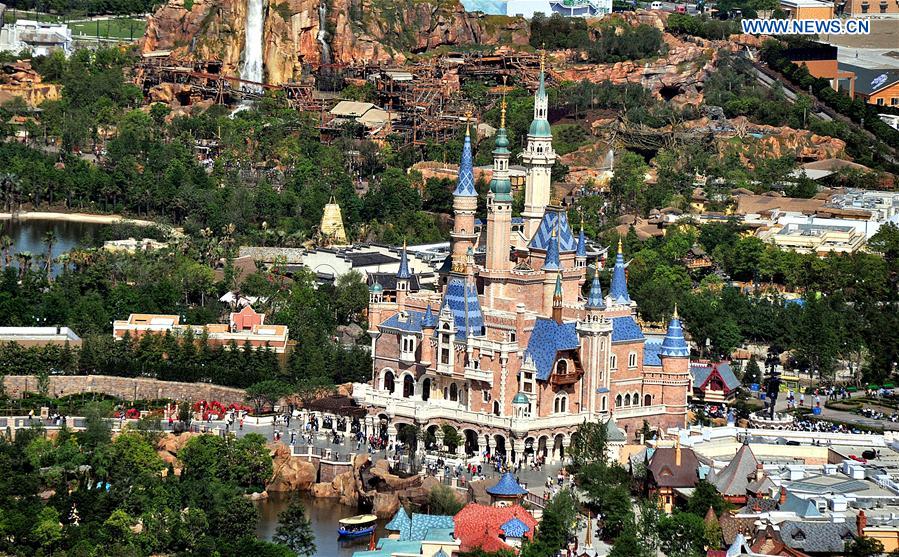 The aerial photo taken on May 17, 2016 shows the Fantasy Fairy Tale Castle of Shanghai Disneyland in Shanghai, east China. 