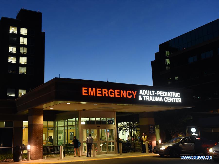 Photo taken on June 14, 2016 shows the emergency center of Inova Fairfax Hospital where 7 injured person were hospitalized in Virginia, the United States.