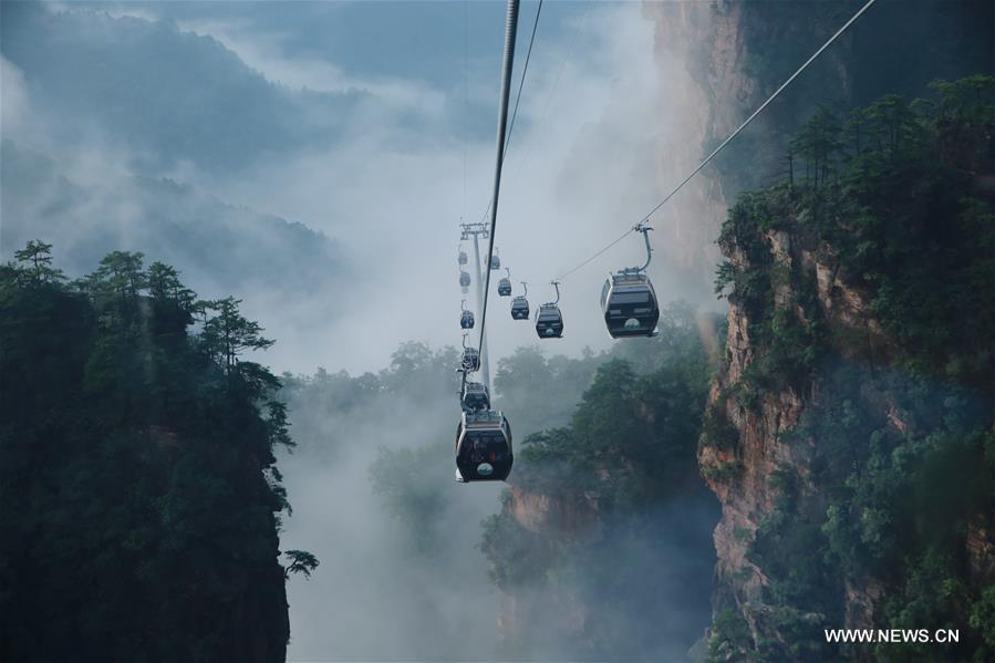 Tourist cable cars are seen on Tianzi Mountain surrounded by fogs in Wulingyuan scenic area, a UNESCO world Heritage site in Zhangjiajie in central China's Hunan province, July 7, 2016