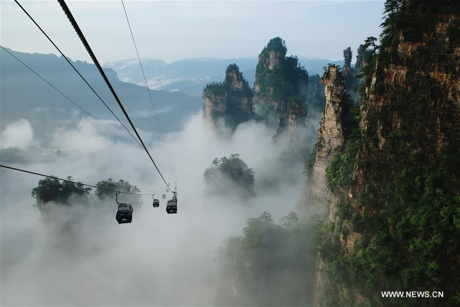 Tourist cable cars are seen on Tianzi Mountain surrounded by fogs in Wulingyuan scenic area, a UNESCO world Heritage site in Zhangjiajie in central China's Hunan province, July 7, 2016