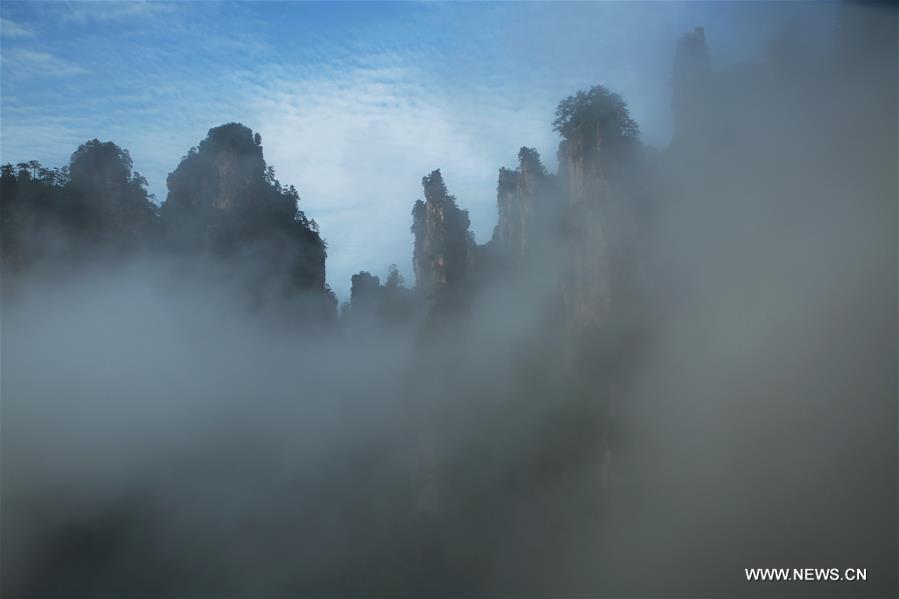 Tourist cable cars are seen on Tianzi Mountain surrounded by fogs in Wulingyuan scenic area, a UNESCO world Heritage site in Zhangjiajie in central China's Hunan province, July 7, 2016