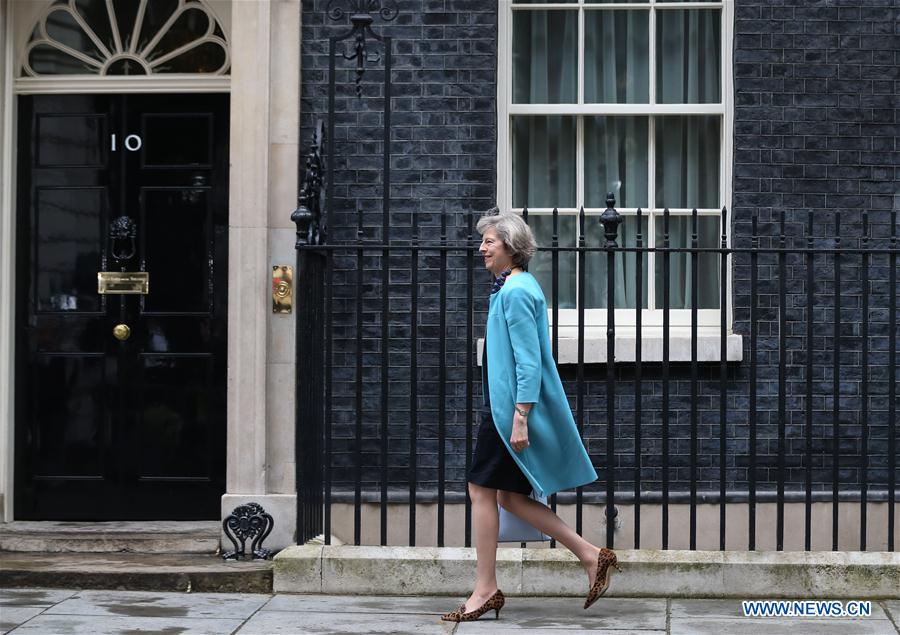 File photo taken on June 27, 2016 shows British Home Secretary Theresa May arriving for a cabinet meeting at 10 Downing Street in London, Britain