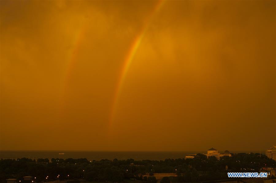 Photo taken on July 13, 2016 shows double rainbows above Lake Michigan in Chicago, the United States.