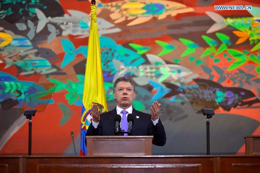 Colombian President Juan Manuel Santos delivers a speech during a commemoration of the 206th anniversary of Independence, in Bogota, Colombia, on July 20, 2016.