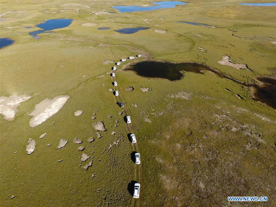 An aerial photo taken on Aug. 19, 2016 shows the area of the source of Lancang River in Yushu, northwest China's Qinghai Province.