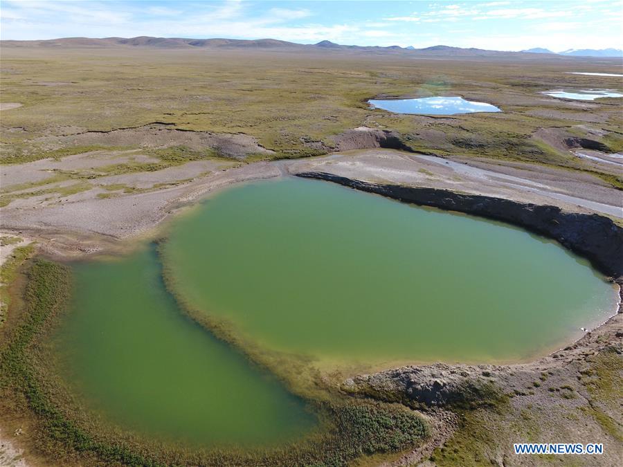 An aerial photo taken on Aug. 19, 2016 shows the area of the source of Lancang River in Yushu, northwest China's Qinghai Province.