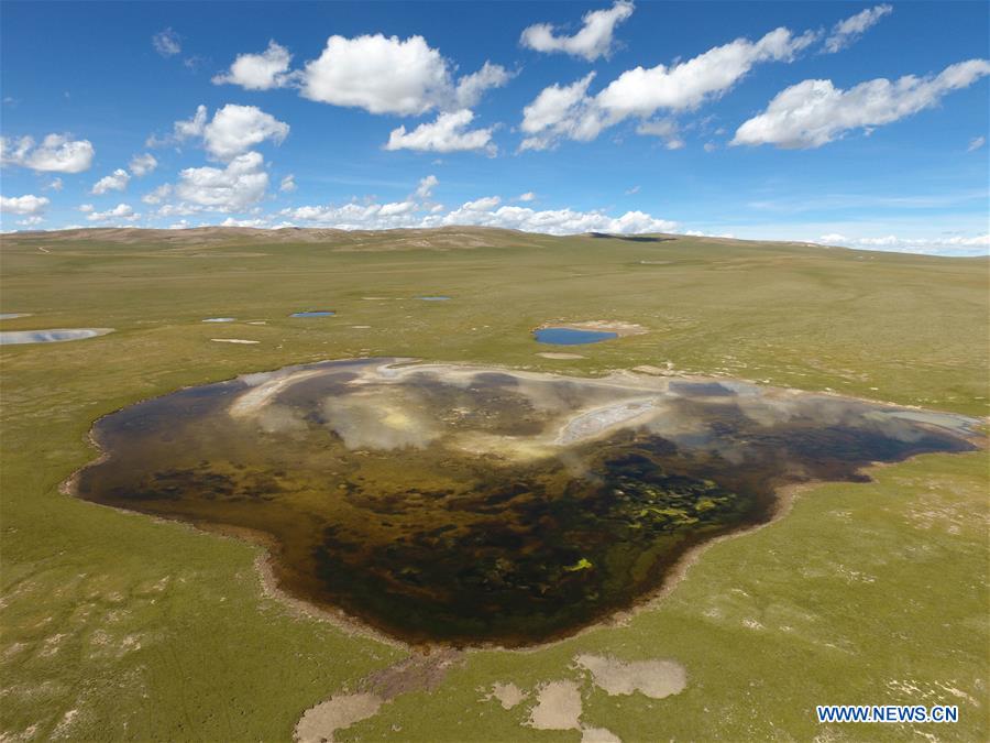 An aerial photo taken on Aug. 19, 2016 shows the area of the source of Lancang River in Yushu, northwest China's Qinghai Province.