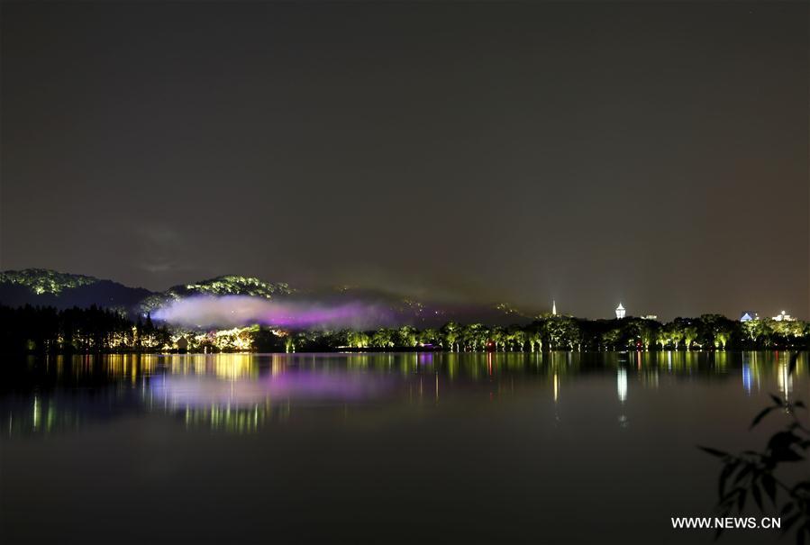 Photo taken on Aug. 30, 2016 shows the night scene of the West Lake in Hangzhou, capital of east China's Zhejiang Province.(