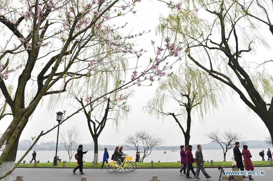 Tourists visit Bai Causeway in West Lake scenic area in Hangzhou, capital of east China's Zhejiang Province, March 17, 2017. (Xinhua/Huang Zongzhi)  