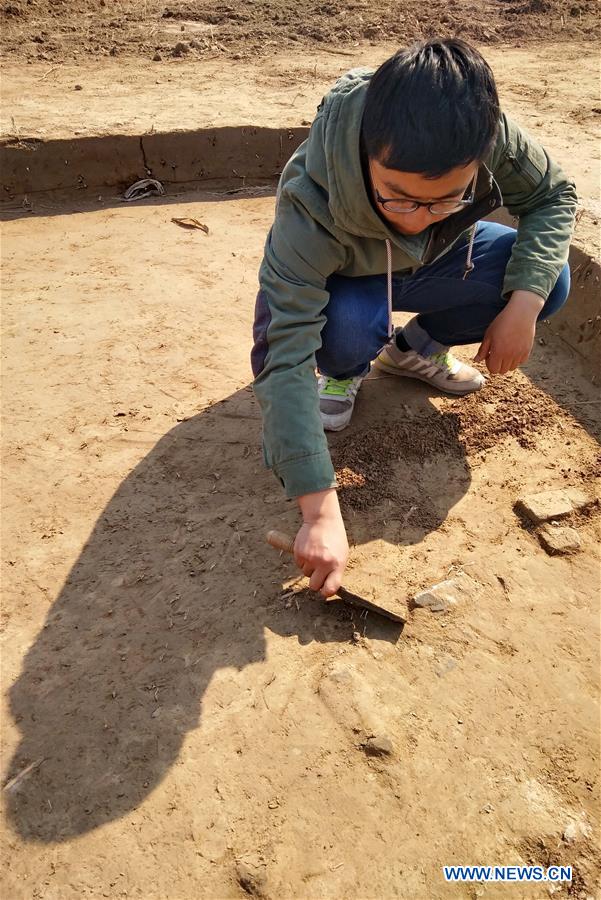 An archaeologist works at the ancient Haifeng town ruins site in Huanghua, north China's Hebei Province, March 17, 2017. Chinese archaeologists began the second-stage excavation of the ruins here, expecting to unveil functions of the town as an important trade port during the Jin (1115-1234) and Yuan (1271-1368) dynasties in Chinese history. (Xinhua/Yang Shiyao) 