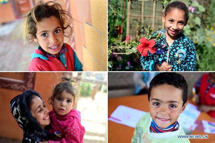 Combo photo taken on March 26, 2017 shows children pose for photos at lady Didi's Nile River School in Ayyat district on the outskirts of Giza Province, about 100 km south of Cairo, capital of Egypt. Diana Sandor, known as Didi, an old Hungarian-born German-raised woman, covered the long distance from West to East six years ago to open her Nile River School as a charitable kindergarten and educational center at the heart of remote, impoverished Baharwa village of Ayyat district on the outskirts of Giza Province, about 100 km south of the Egyptian capital Cairo. Didi said she started building the center 'brick by brick,' through little donations from friends and volunteers around the world and that she is concerned with 'teaching children life,' not just languages and skills. (Xinhua/Zhao Dingzhe) 