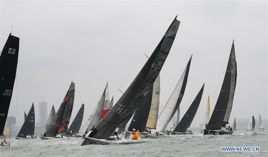 Yachts compete during the Haikou Offshore Race at the 2019 Round Hainan Regatta in Haikou, capital of south China\'s Hainan Province, March 16, 2019. (Xinhua/Yang Guanyu)