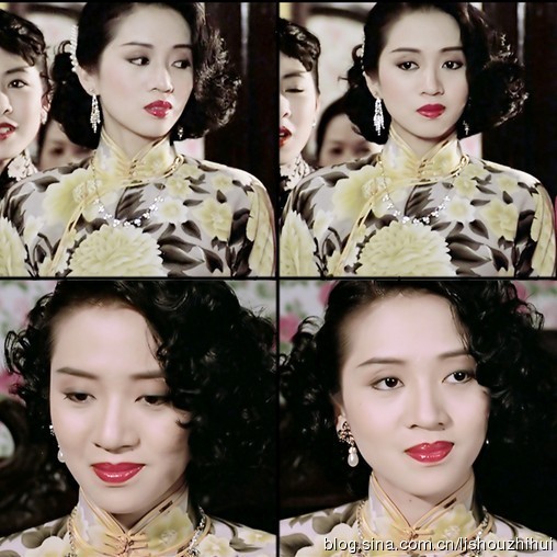 但最迷人印象最深刻的当属梅艳芳在《胭脂扣》中的旗袍造型,纤瘦骨感