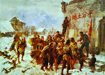 红军到川北后写宣传标语的情景(油画作品,资料图.