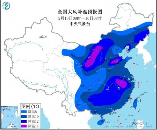 图2 全国大风降温预报图(2月13日08时-16日08时)