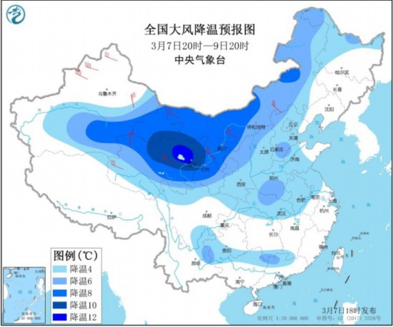 图1 全国大风降温预报图(3月7日20时-9日20时)